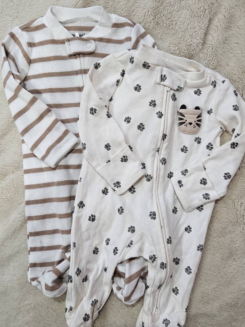 Carter's Neutral Paw-Print & Stripe One-Piece Set for Babys 3 Months
